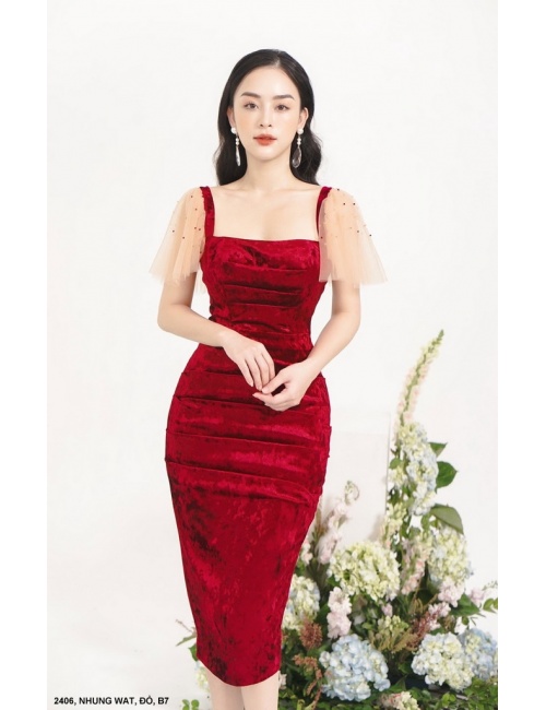 Đầm Nhung Tay Lưới Đính Ngọc Trai - 2406
