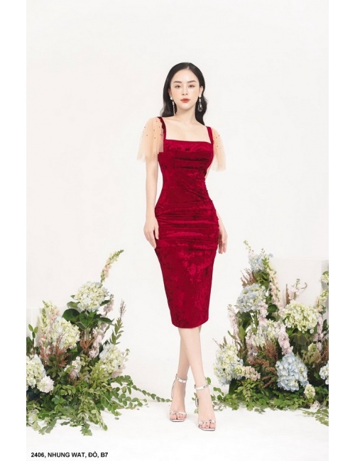 Đầm Nhung Tay Lưới Đính Ngọc Trai - 2406