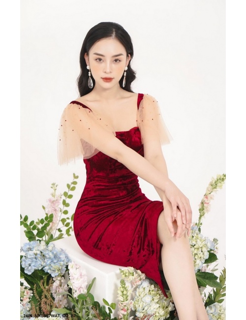 Đầm Nhung Tay Lưới Đính Ngọc Trai - 2406