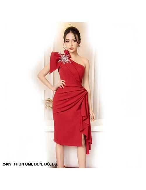 Đầm Cổ Xéo Thắt Nơ Lớn Trên Vai Đính Cườm - 2409
