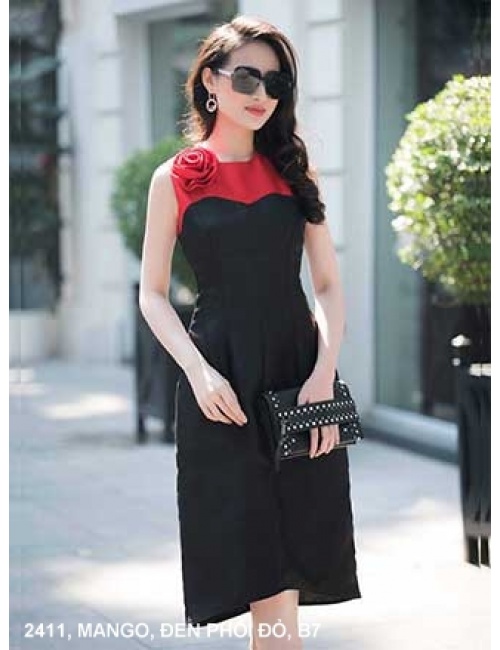 Đầm Xòe Phối 2 Màu Vai Đính Hoa Hồng - 2411