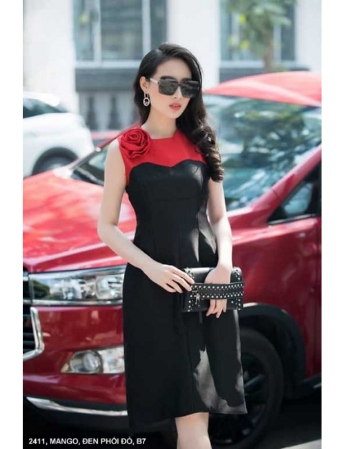 Đầm Xòe Phối 2 Màu Vai Đính Hoa Hồng - 2411