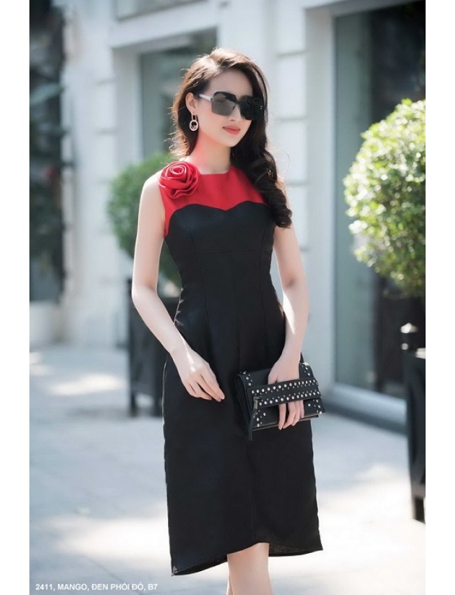 Đầm Xòe Phối 2 Màu Vai Đính Hoa Hồng - 2411