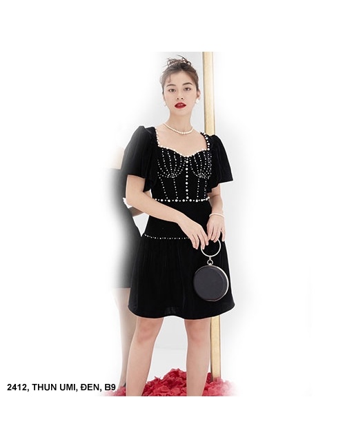 Đầm Cổ Vuông Tay Ngắn Đính Cườm - 2412