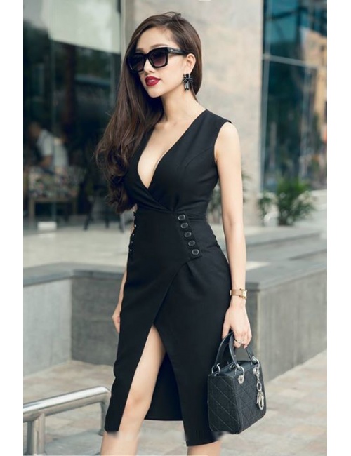 Đầm Cổ Chéo Đính Nút 2 Bên - 142