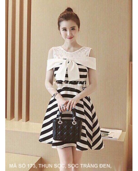 Đầm Xòe Sọc Phối Ren - 173
