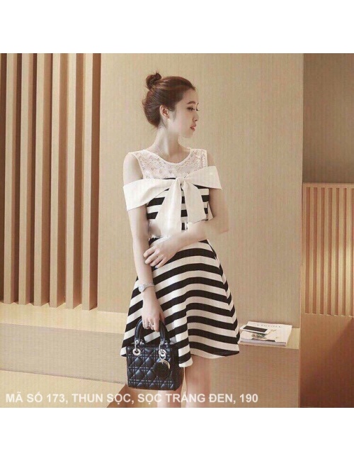 Đầm Xòe Sọc Phối Ren - 173