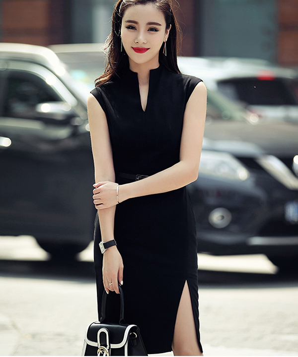 Đầm Công Sở Cổ Chữ V Xẻ Tà - D9004 (D9004) chụp thực tế - Thời Trang Minh Ngọc
