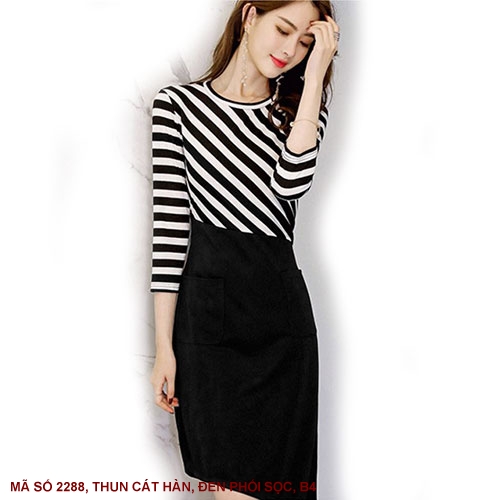 Đầm Đen Phối Sọc Trắng Đen Tay Lở 2 Túi Lai Xéo - 2288 (2288) chụp thực tế - Thời Trang Minh Ngọc