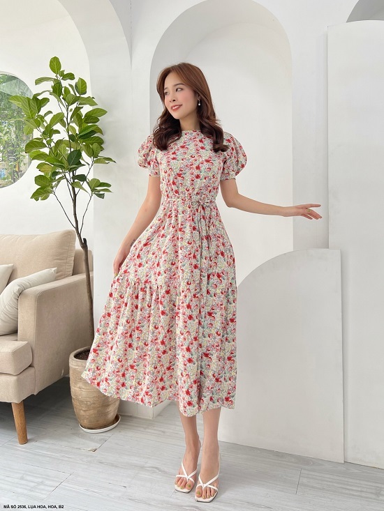 Đầm Maxi Tay Ngắn Phồng Cột Nơ Eo (2536) chụp thực tế - Thời Trang Minh Ngọc