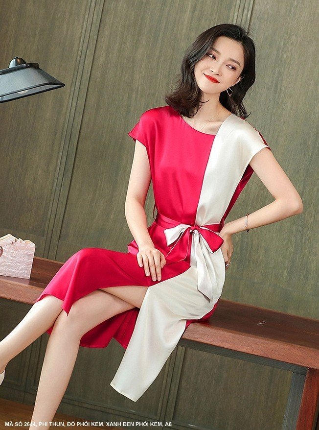 Đầm Suông Phối 2 Màu Eo Cột Nơ - 2644 (2644) chụp thực tế - Thời Trang Minh Ngọc