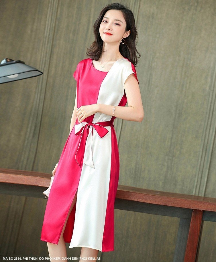 Đầm Suông Phối 2 Màu Eo Cột Nơ - 2644 (2644) chụp thực tế - Thời Trang Minh Ngọc