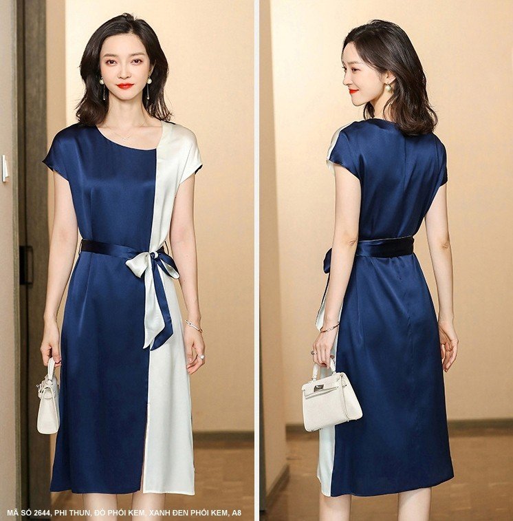 Đầm Suông Phối 2 Màu Eo Cột Nơ - 2644 (2644) chụp thực tế - Thời Trang Minh Ngọc