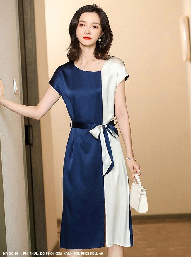 Đầm Suông Phối 2 Màu Eo Cột Nơ - 2644 (2644) chụp thực tế - Thời Trang Minh Ngọc