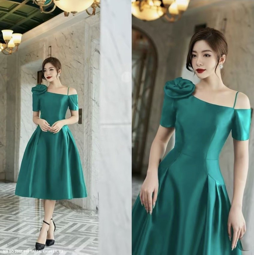 Đầm Xòe 1 Dây Một Bên Vai Đính Hoa Hồng - 2662 (2662) chụp thực tế - Thời Trang Minh Ngọc