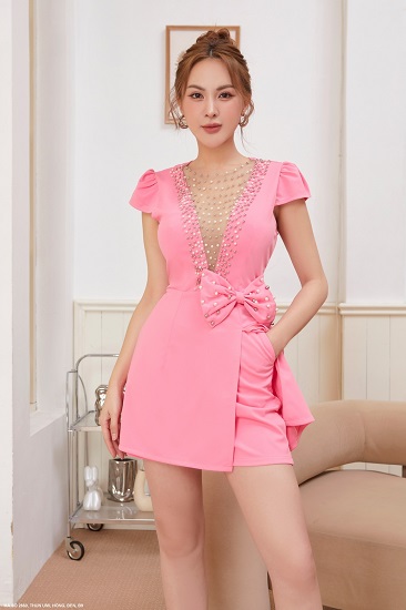 Bộ Ngắn Tay Dún Bèo Đính Hạt Lai Áo Và Cổ Áo - 2660 (2660) chụp thực tế - Thời Trang Minh Ngọc