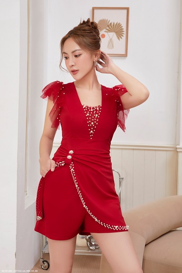 Bộ Ngắn Tay Dún Bèo Đính Hạt Lai Áo Và Cổ Áo - 2661 (2661) chụp thực tế - Thời Trang Minh Ngọc