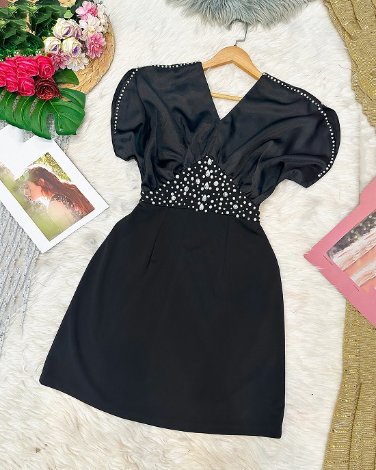 Đầm Dơi Cổ Tim Đính Hạt Pha Lê Lấp Lánh - 2721 (2721) chụp thực tế - Thời Trang Minh Ngọc