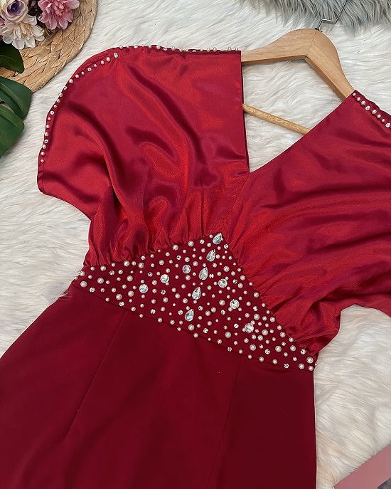 Đầm Dơi Cổ Tim Đính Hạt Pha Lê Lấp Lánh - 2721 (2721) chụp thực tế - Thời Trang Minh Ngọc