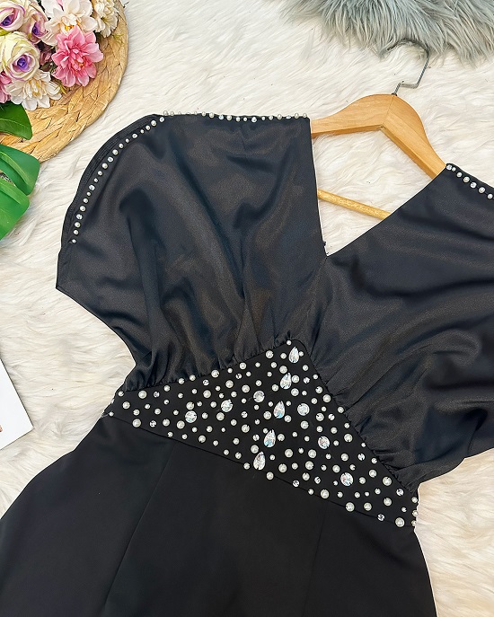 Đầm Dơi Cổ Tim Đính Hạt Pha Lê Lấp Lánh - 2721 (2721) chụp thực tế - Thời Trang Minh Ngọc