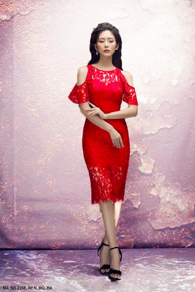 Đầm Ren Vai Hở Tay Nhún - Mã Số :2208 (2208) chụp thực tế - Thời Trang Minh Ngọc